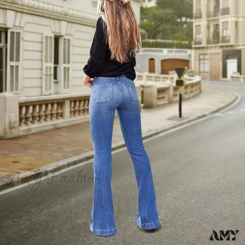 Amy Fashion - Women's Flared Stretch Fashion High Waist Vintage Casual Full Length Slim Streetwear Wide Leg Flare Jean