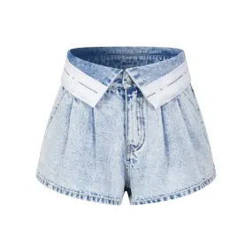 Blue Custom Webbing Flip Front Denim Shorts
