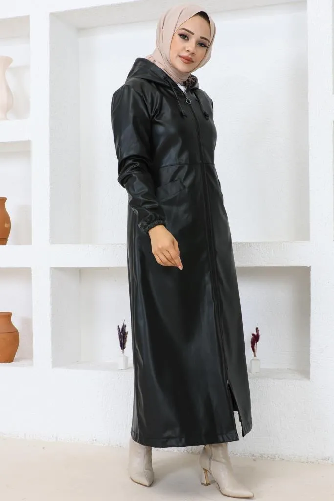 BNG Women Long Hijab Leather Trench Coat-Cap Black - Clermont