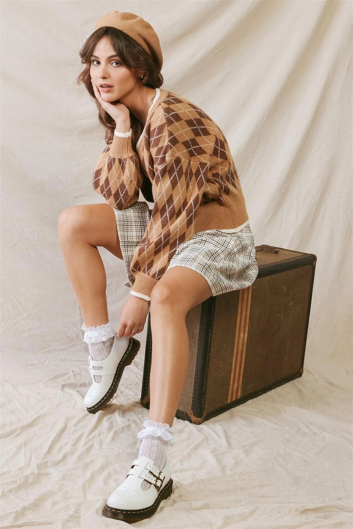 Camel Argyle Print Knit V-Neck Long Sleeve Sweater /2-2-2