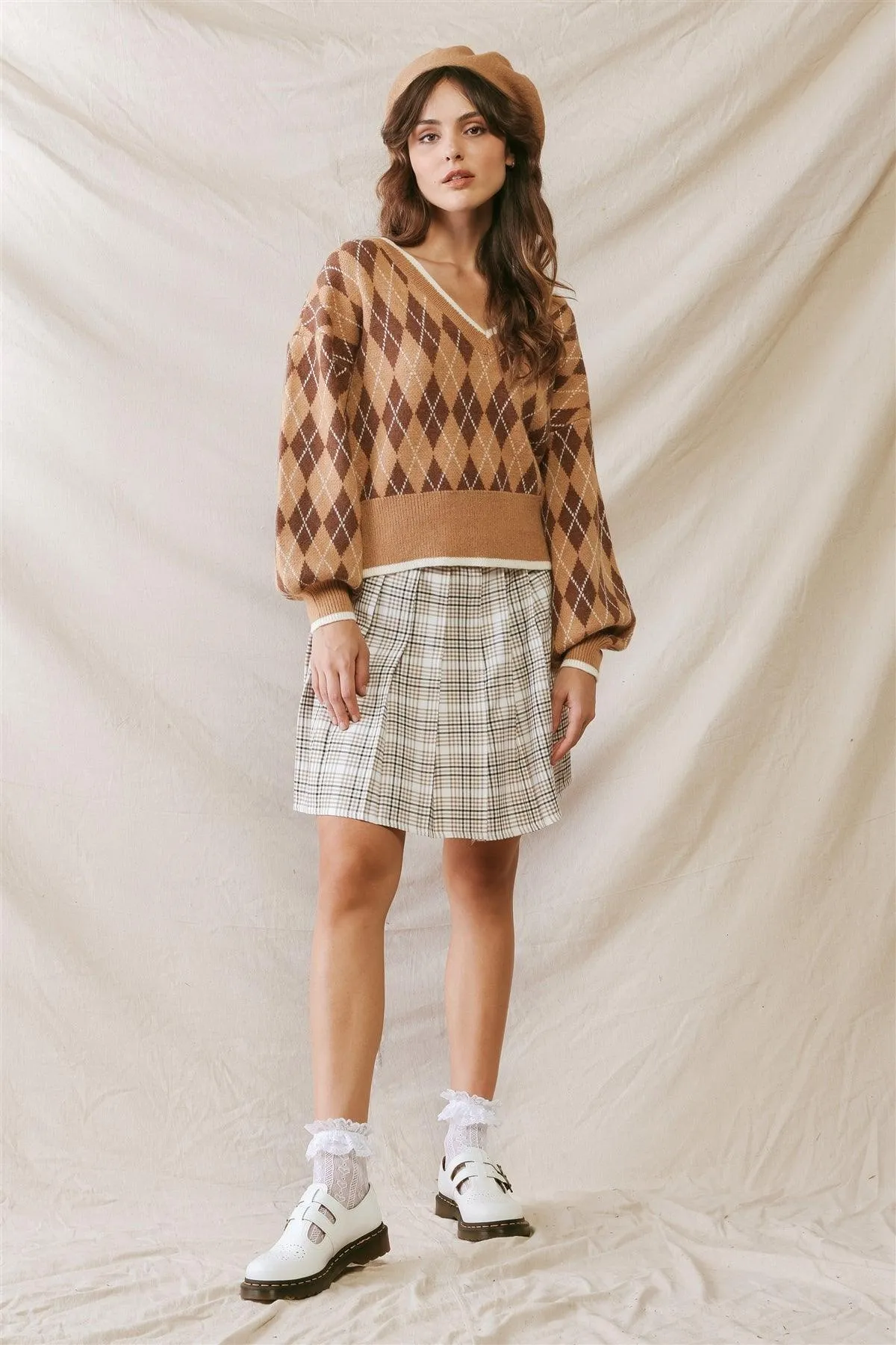 Camel Argyle Print Knit V-Neck Long Sleeve Sweater /2-2-2
