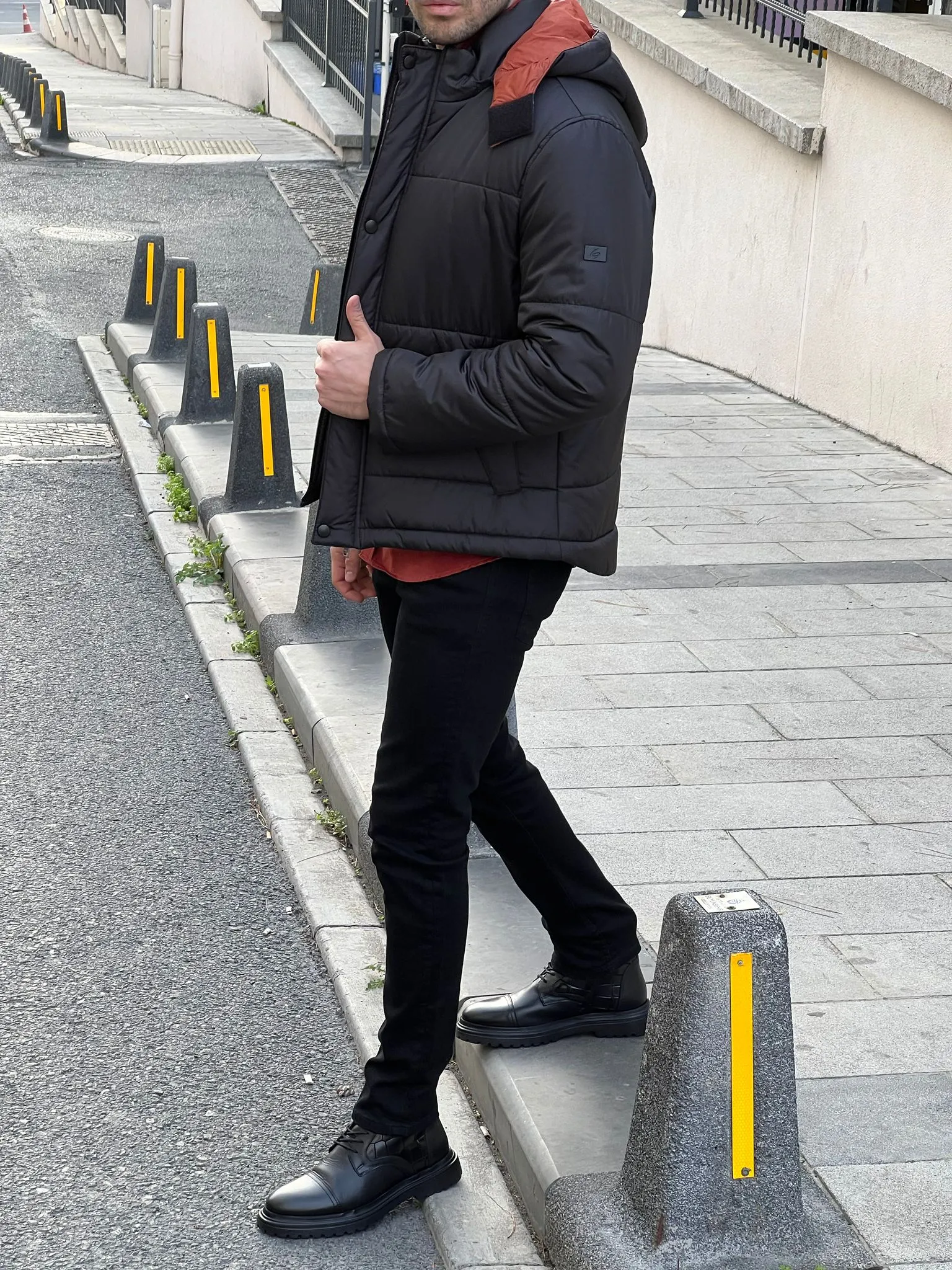 Cole Black Slim Fit Hooded Coat