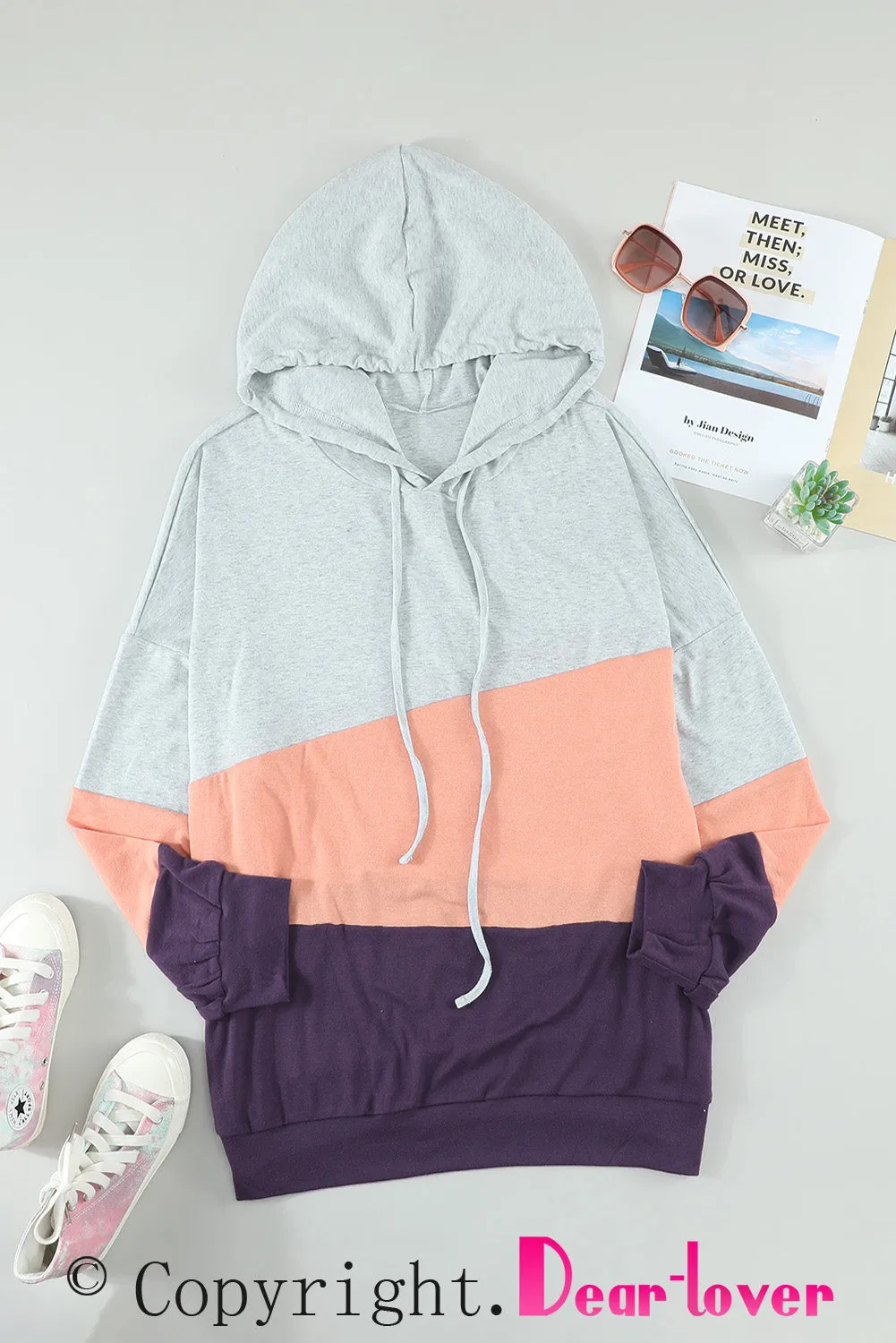 Color Block Plus Size Hoodie Long Sleeve Drawstring Pullover