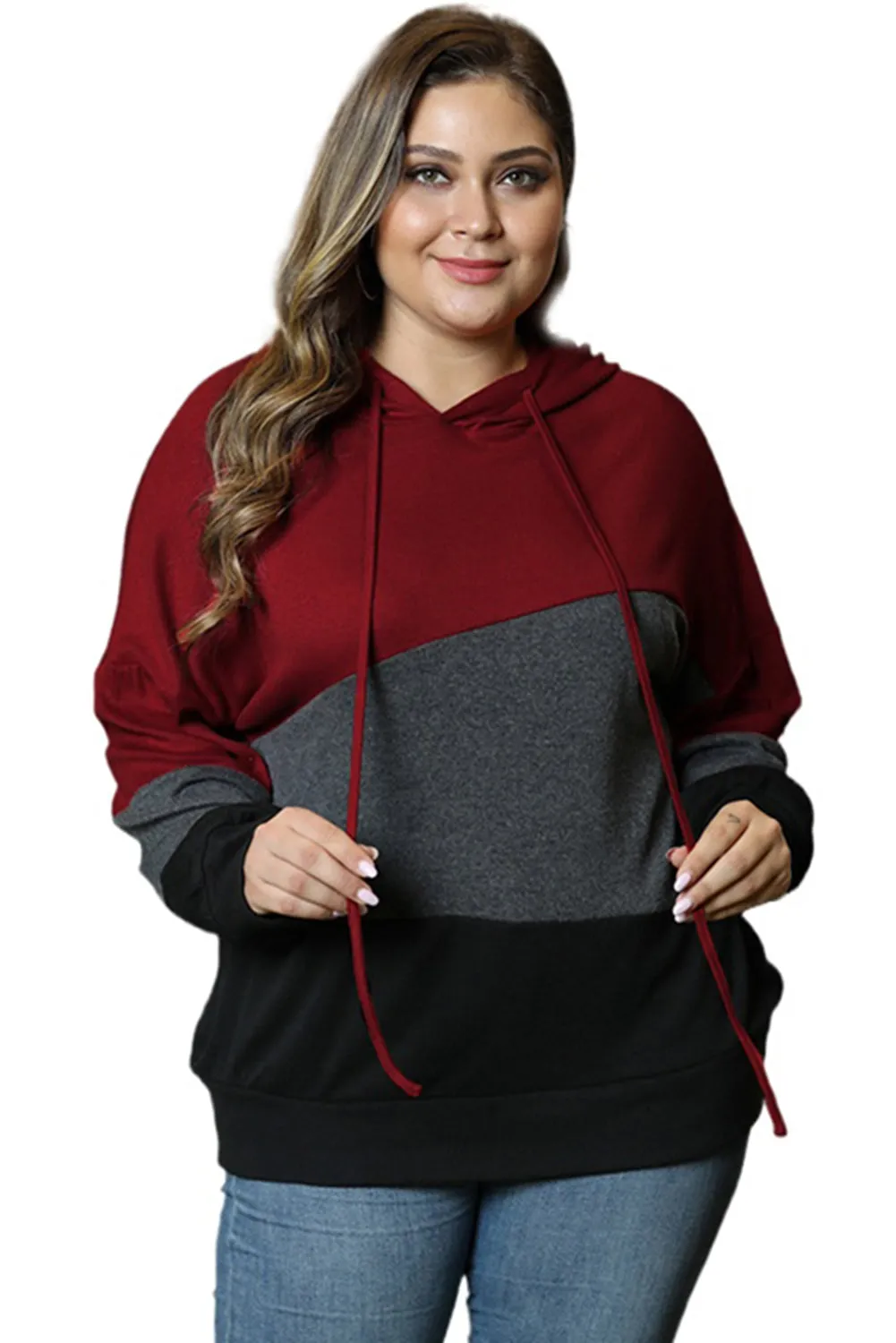 Color Block Plus Size Hoodie Long Sleeve Drawstring Pullover