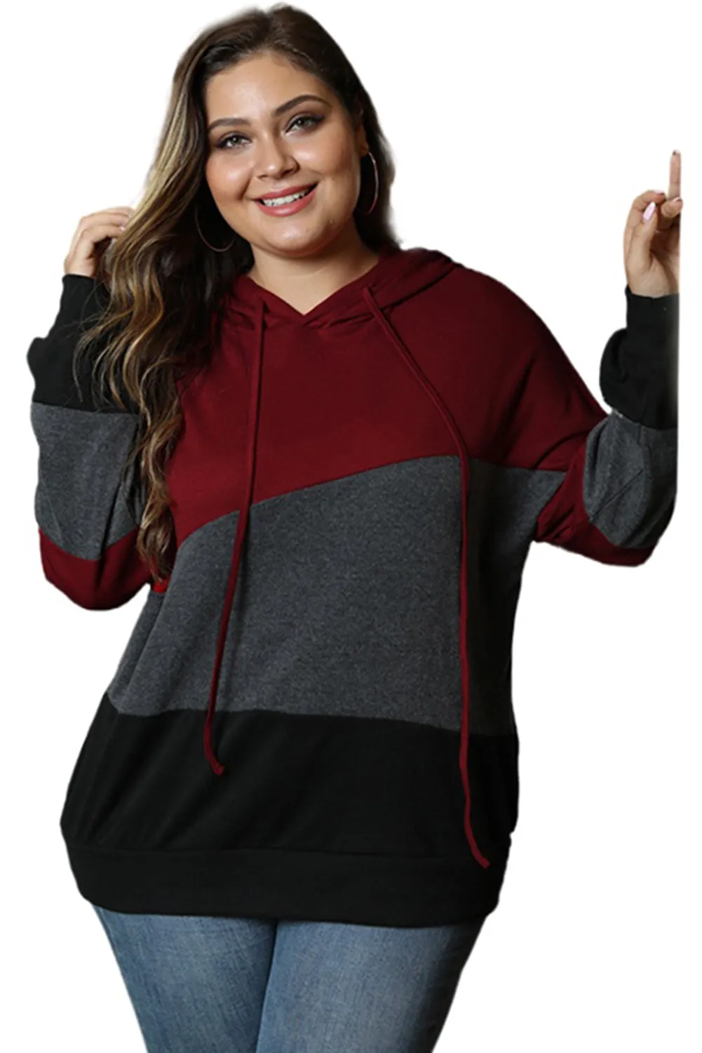 Color Block Plus Size Hoodie Long Sleeve Drawstring Pullover