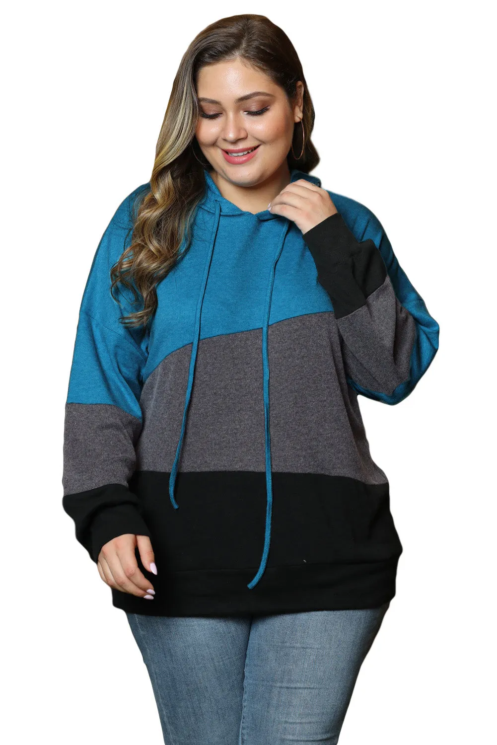 Color Block Plus Size Hoodie Long Sleeve Drawstring Pullover