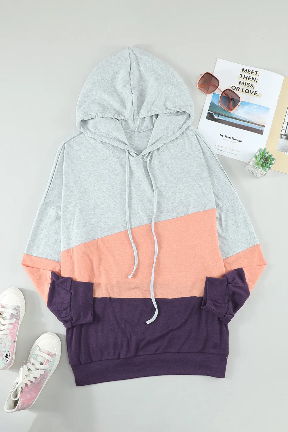 Color Block Plus Size Hoodie Long Sleeve Drawstring Pullover