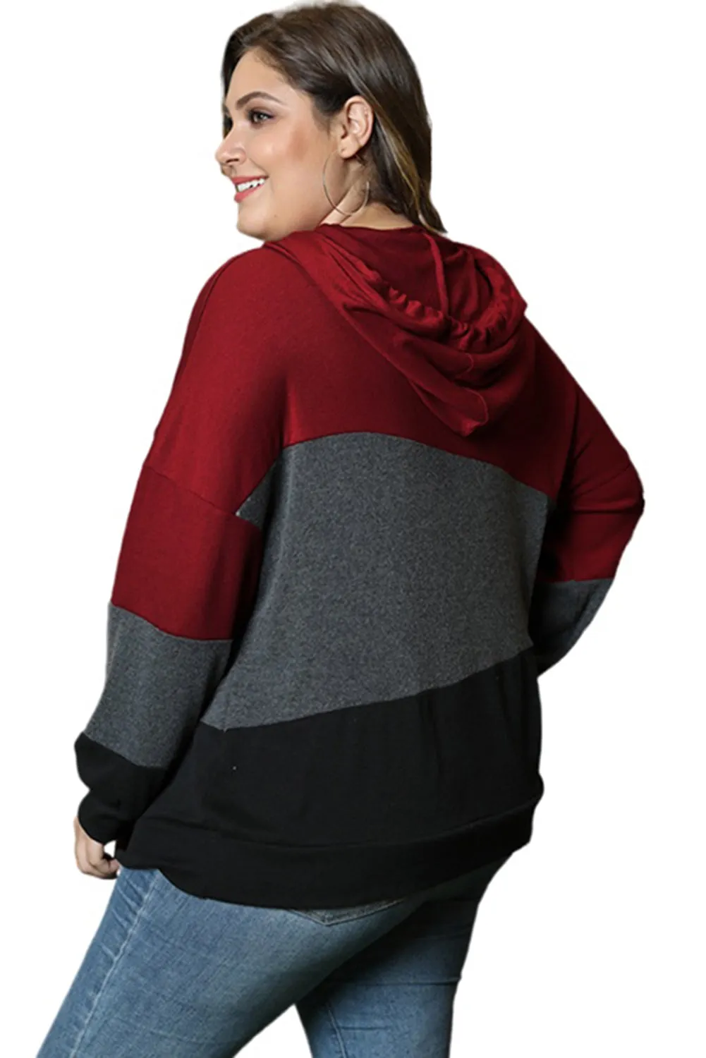 Color Block Plus Size Hoodie Long Sleeve Drawstring Pullover