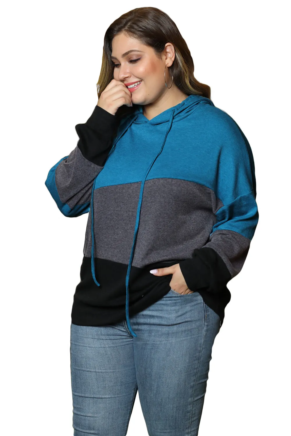 Color Block Plus Size Hoodie Long Sleeve Drawstring Pullover