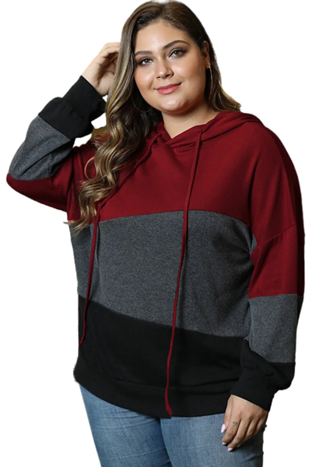 Color Block Plus Size Hoodie Long Sleeve Drawstring Pullover