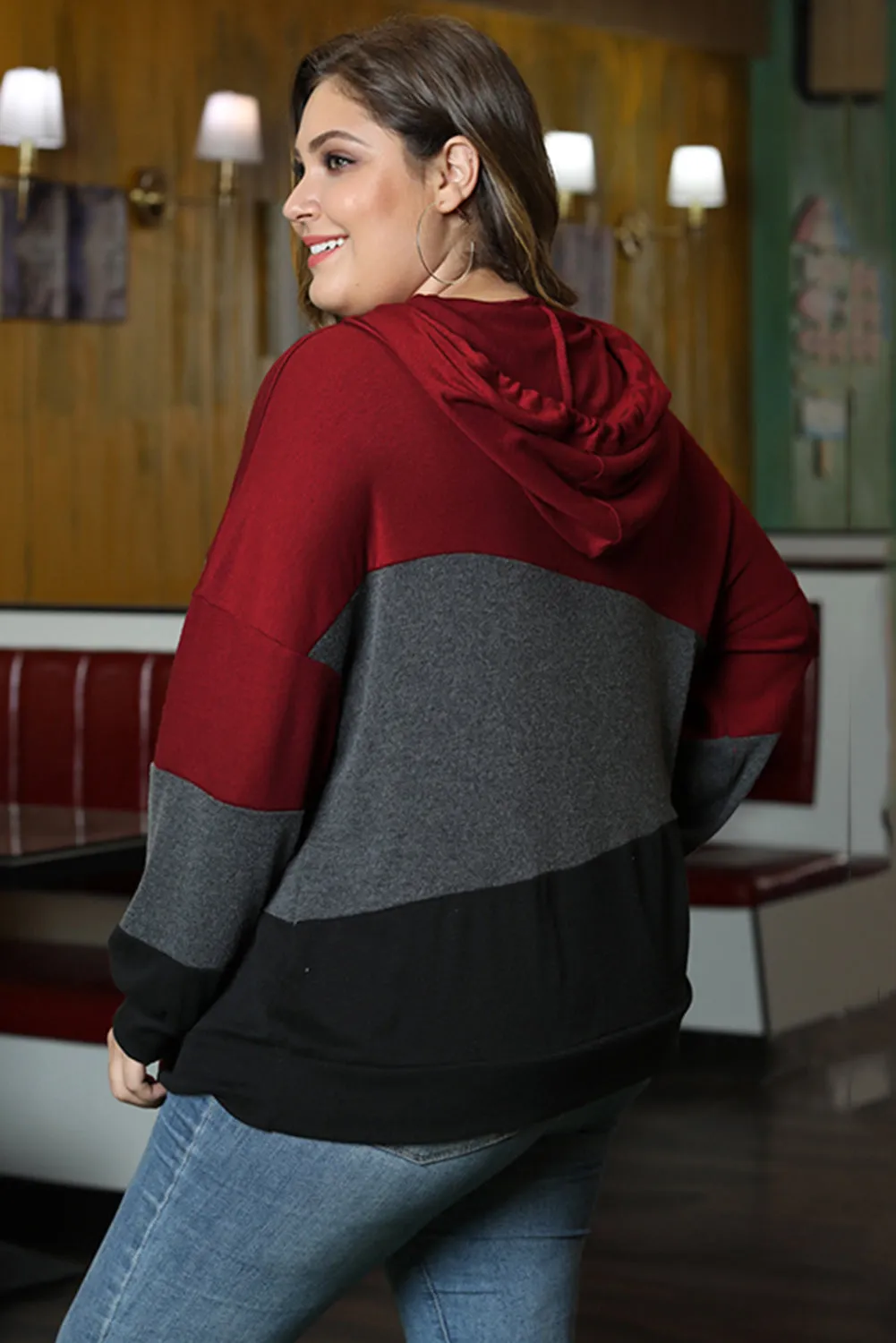 Color Block Plus Size Hoodie Long Sleeve Drawstring Pullover