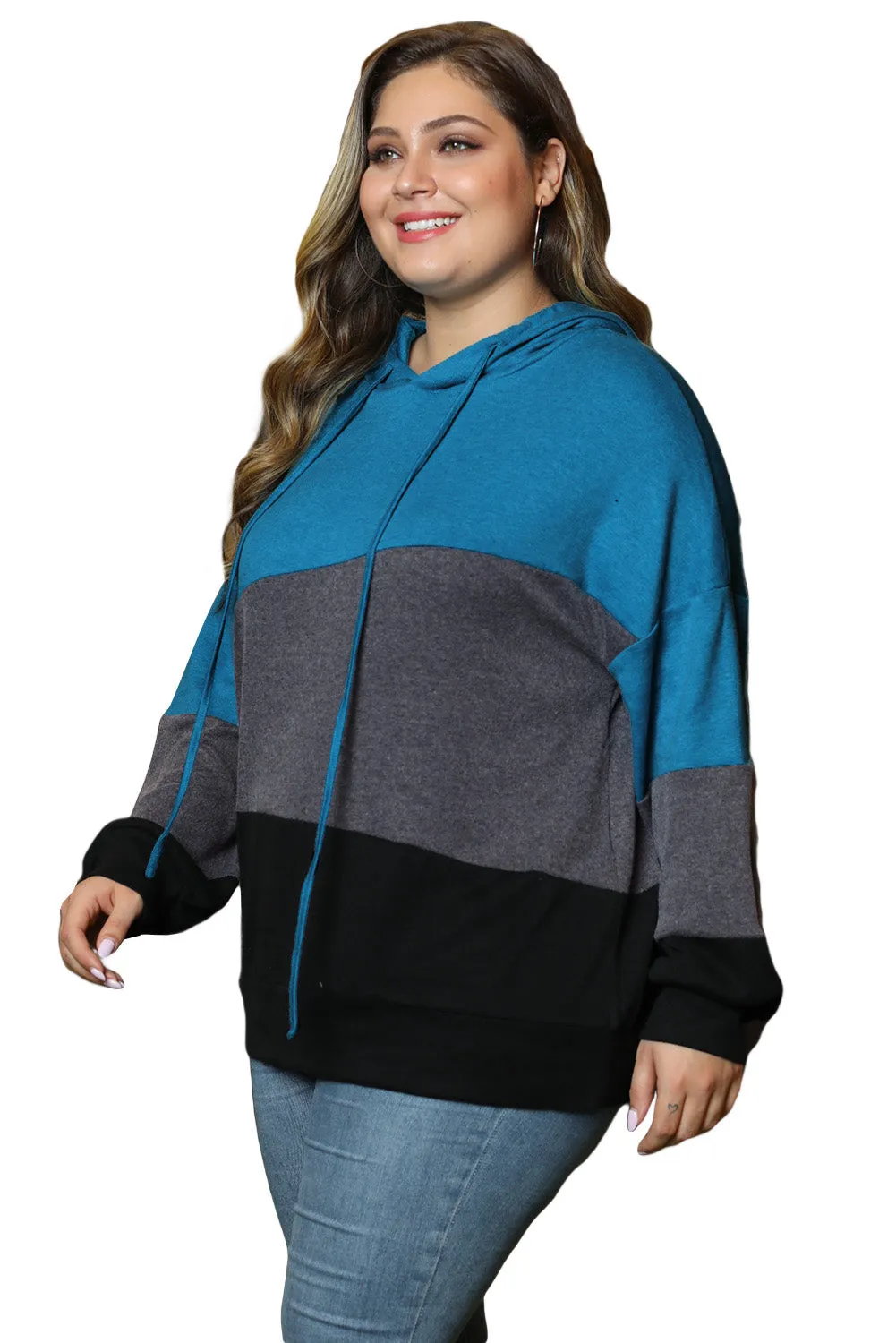 Color Block Plus Size Hoodie Long Sleeve Drawstring Pullover