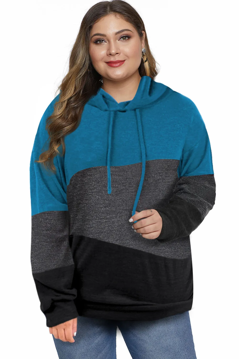 Color Block Plus Size Hoodie Long Sleeve Drawstring Pullover