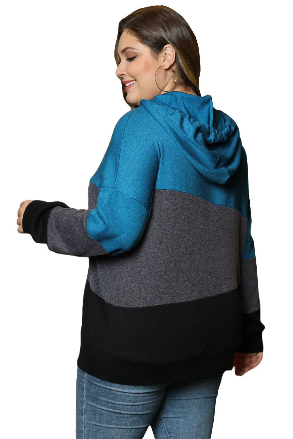 Color Block Plus Size Hoodie Long Sleeve Drawstring Pullover