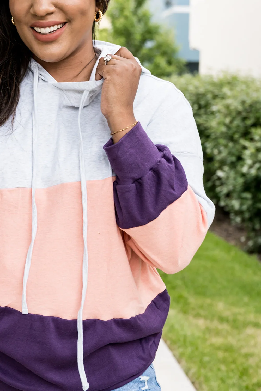 Color Block Plus Size Hoodie Long Sleeve Drawstring Pullover