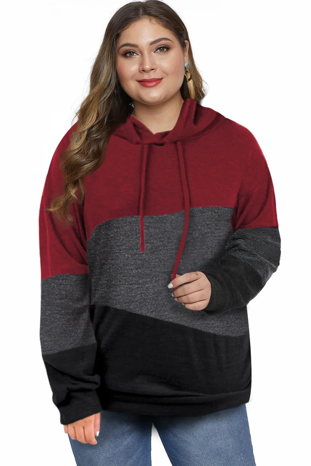 Color Block Plus Size Hoodie Long Sleeve Drawstring Pullover