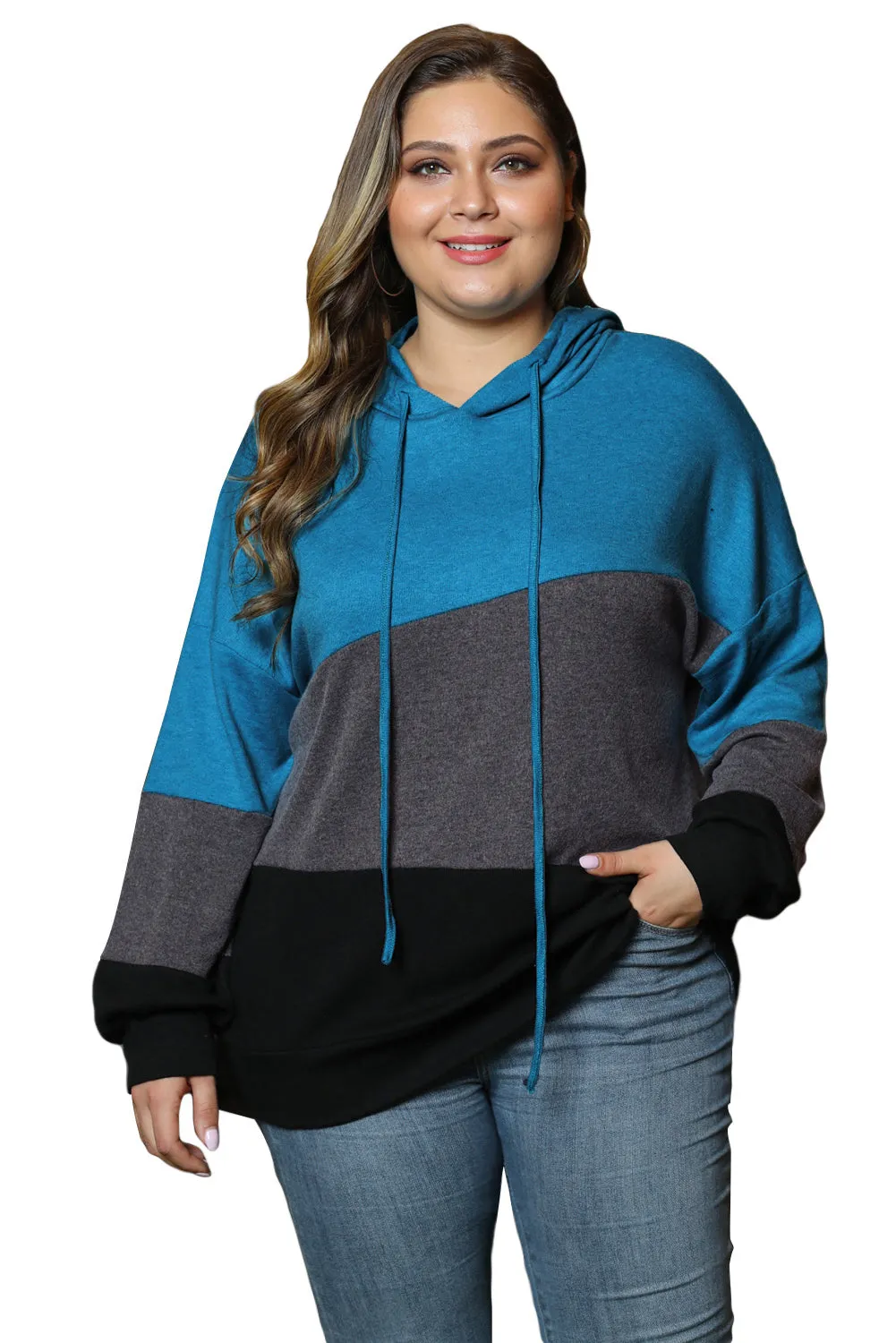 Color Block Plus Size Hoodie Long Sleeve Drawstring Pullover