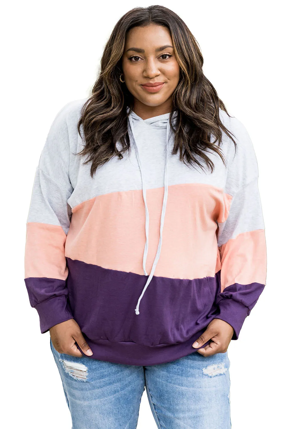 Color Block Plus Size Hoodie Long Sleeve Drawstring Pullover