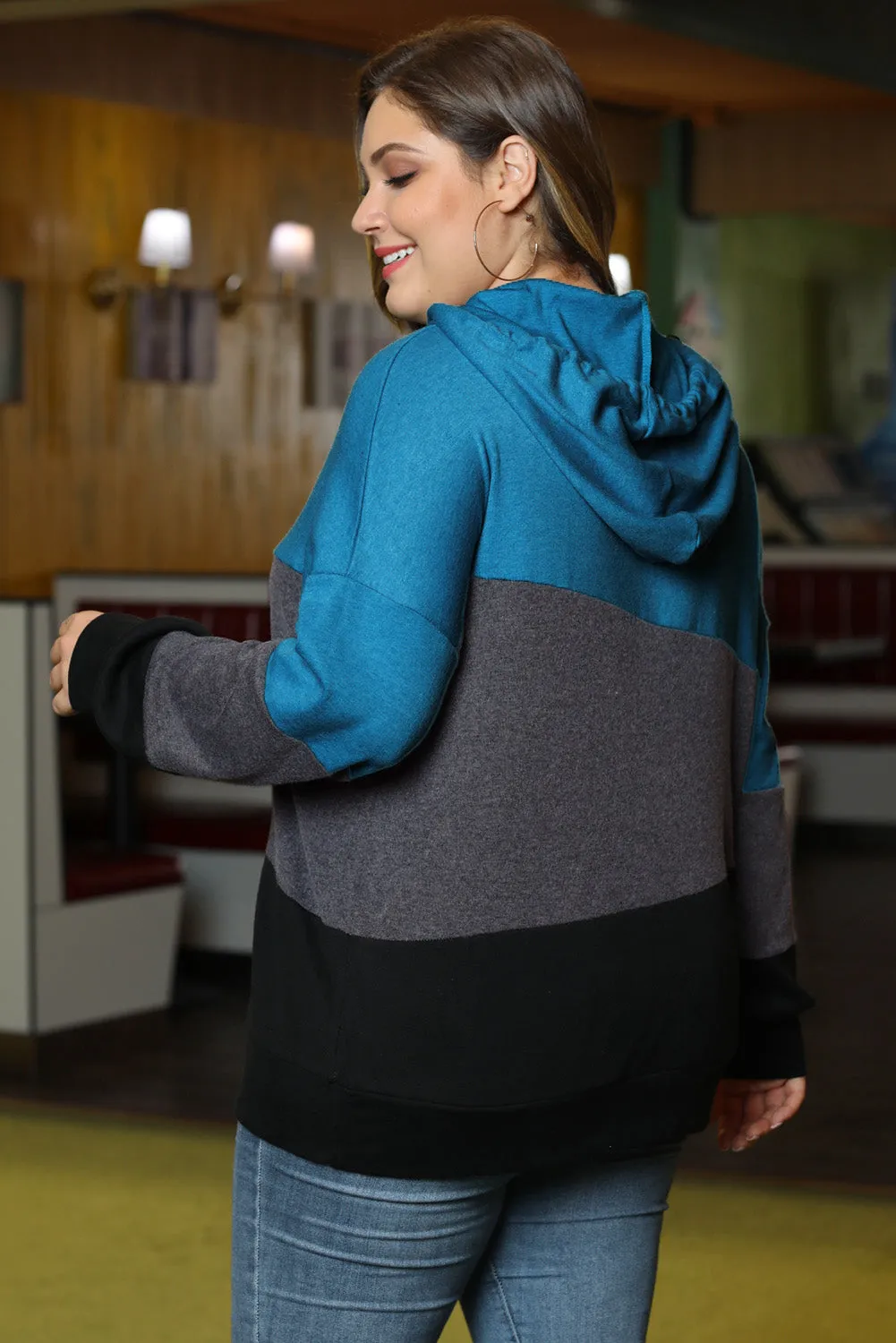 Color Block Plus Size Hoodie Long Sleeve Drawstring Pullover