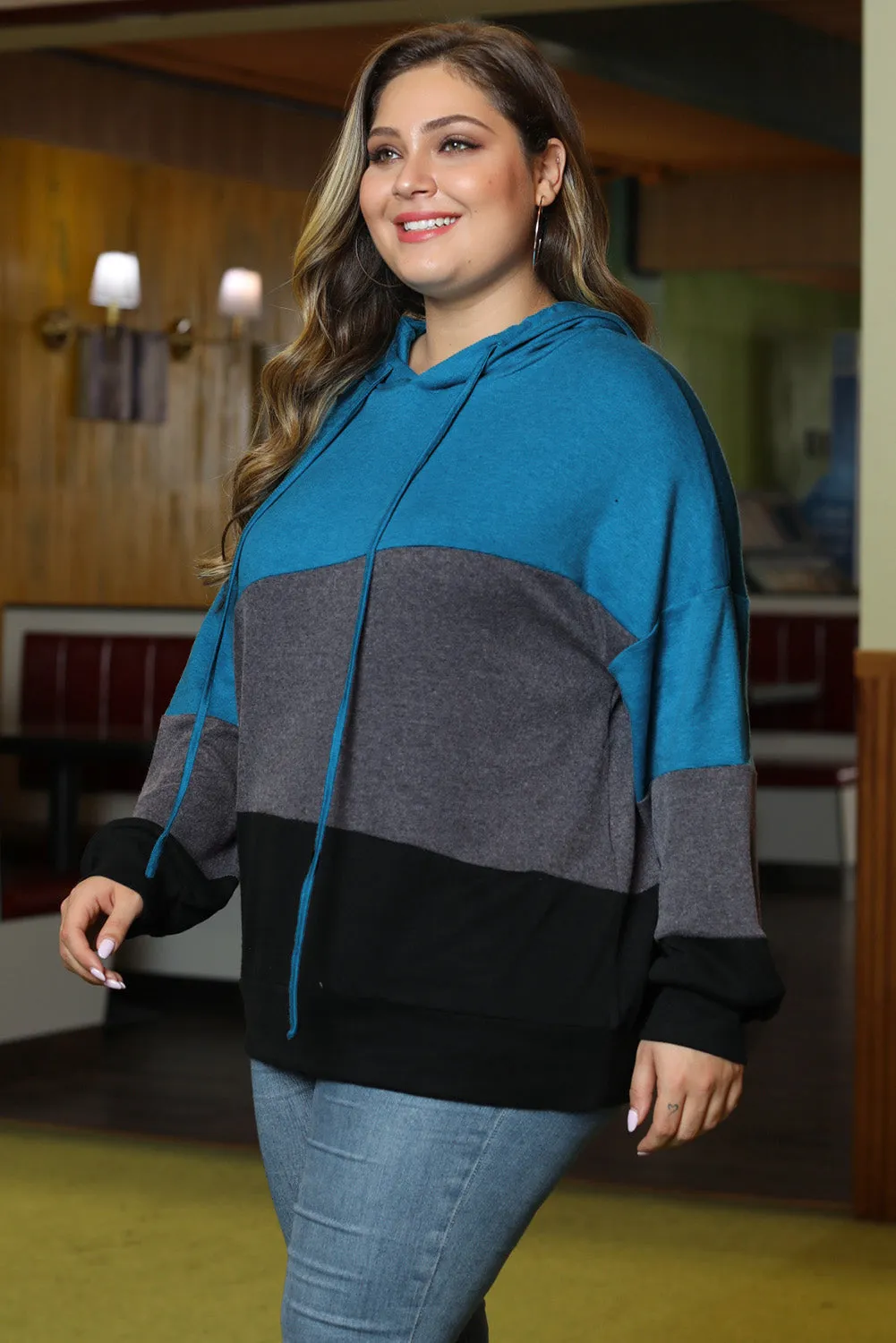 Color Block Plus Size Hoodie Long Sleeve Drawstring Pullover