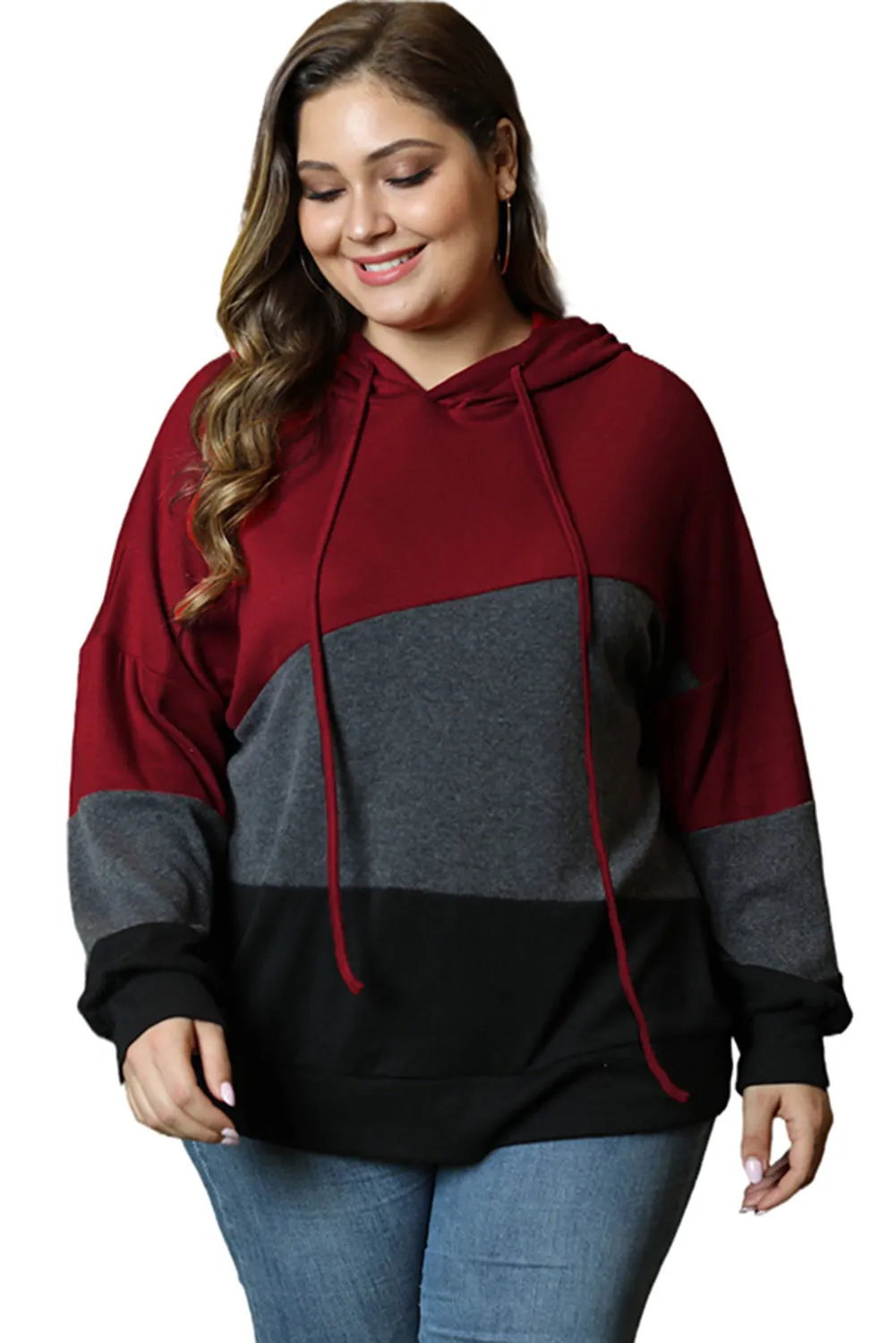 Color Block Plus Size Hoodie Long Sleeve Drawstring Pullover