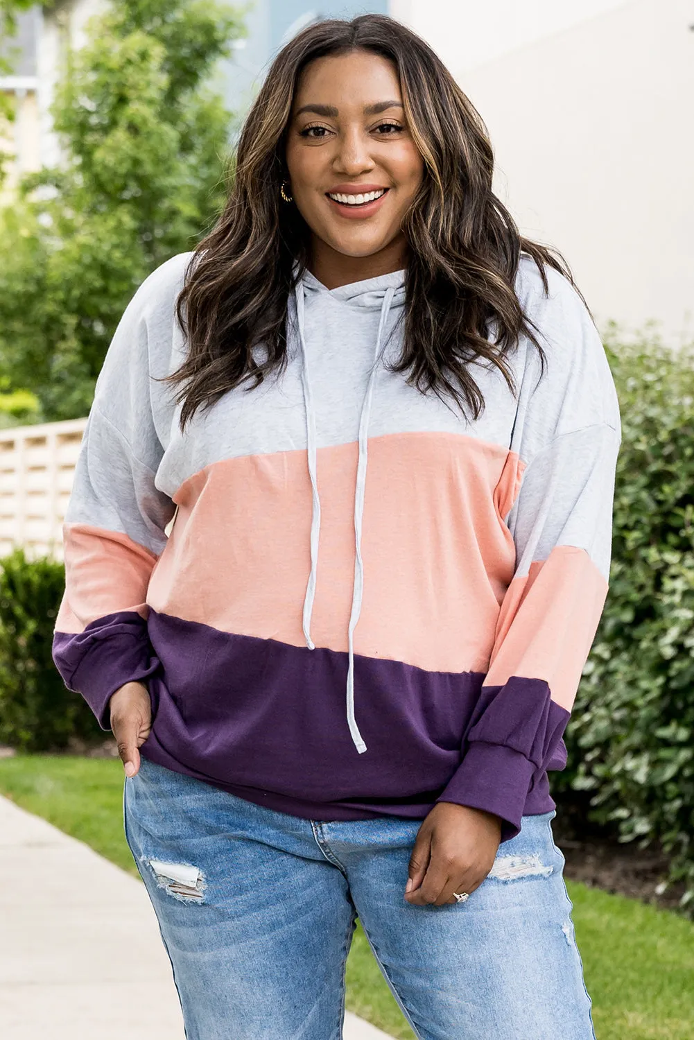Color Block Plus Size Hoodie Long Sleeve Drawstring Pullover