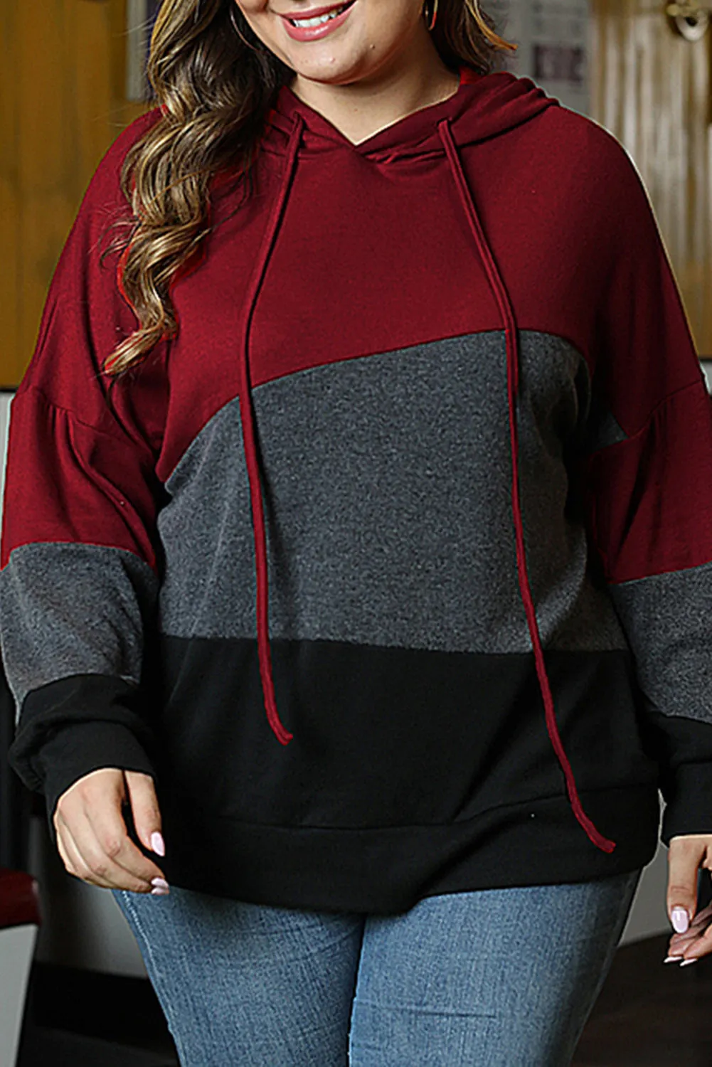 Color Block Plus Size Hoodie Long Sleeve Drawstring Pullover