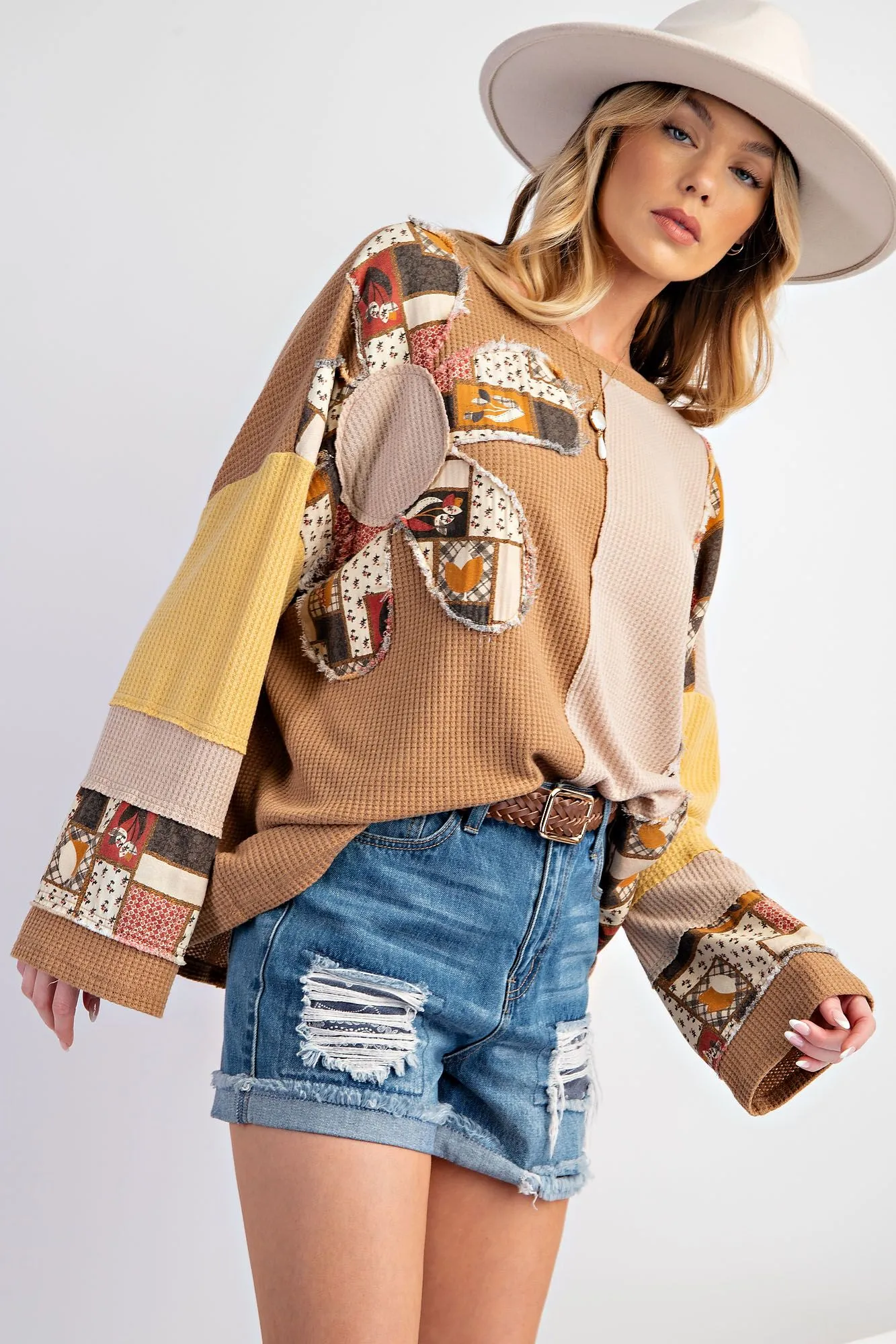 COLOR BLOCK THERMAL MINERAL WASHED PULLOVER