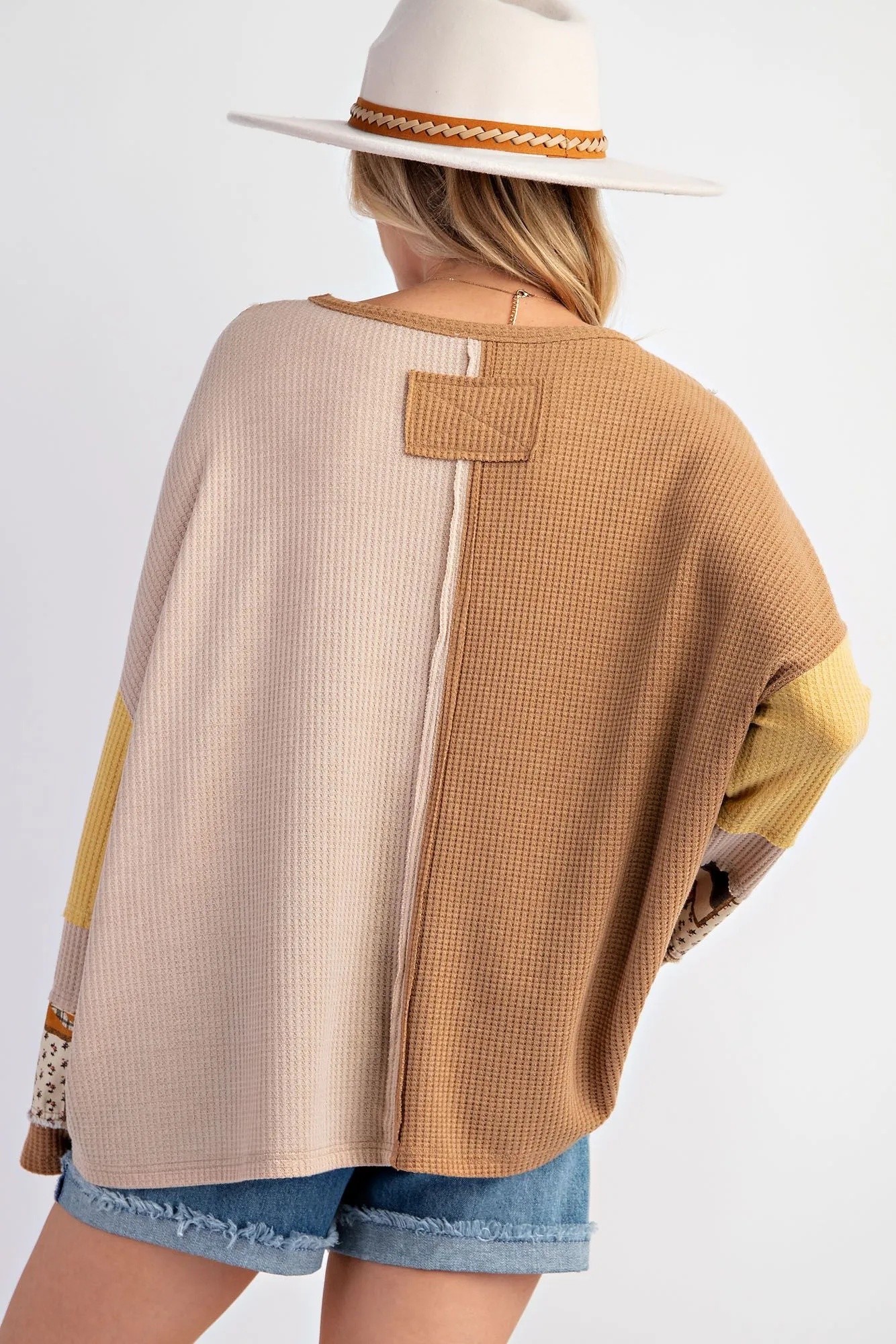COLOR BLOCK THERMAL MINERAL WASHED PULLOVER