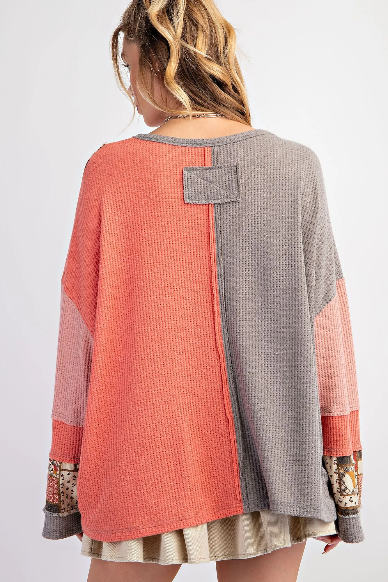 COLOR BLOCK THERMAL MINERAL WASHED PULLOVER