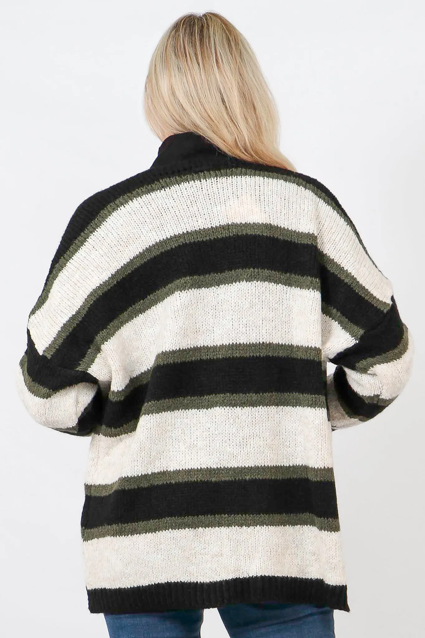 Cream Khaki Wool Blend Colourblock Striped Cardigan