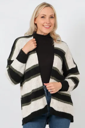 Cream Khaki Wool Blend Colourblock Striped Cardigan
