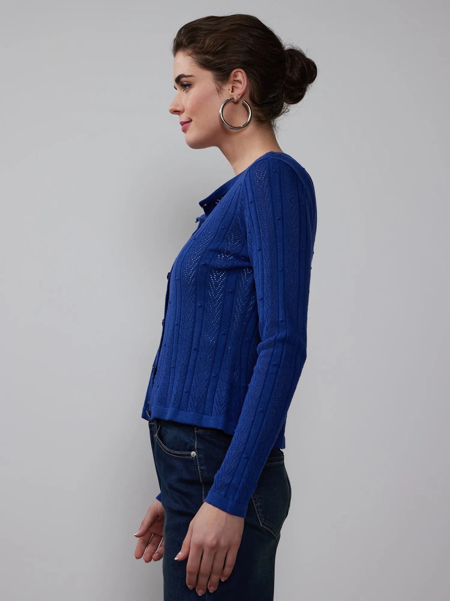 Crew Neck Bobble Stitch Cardigan