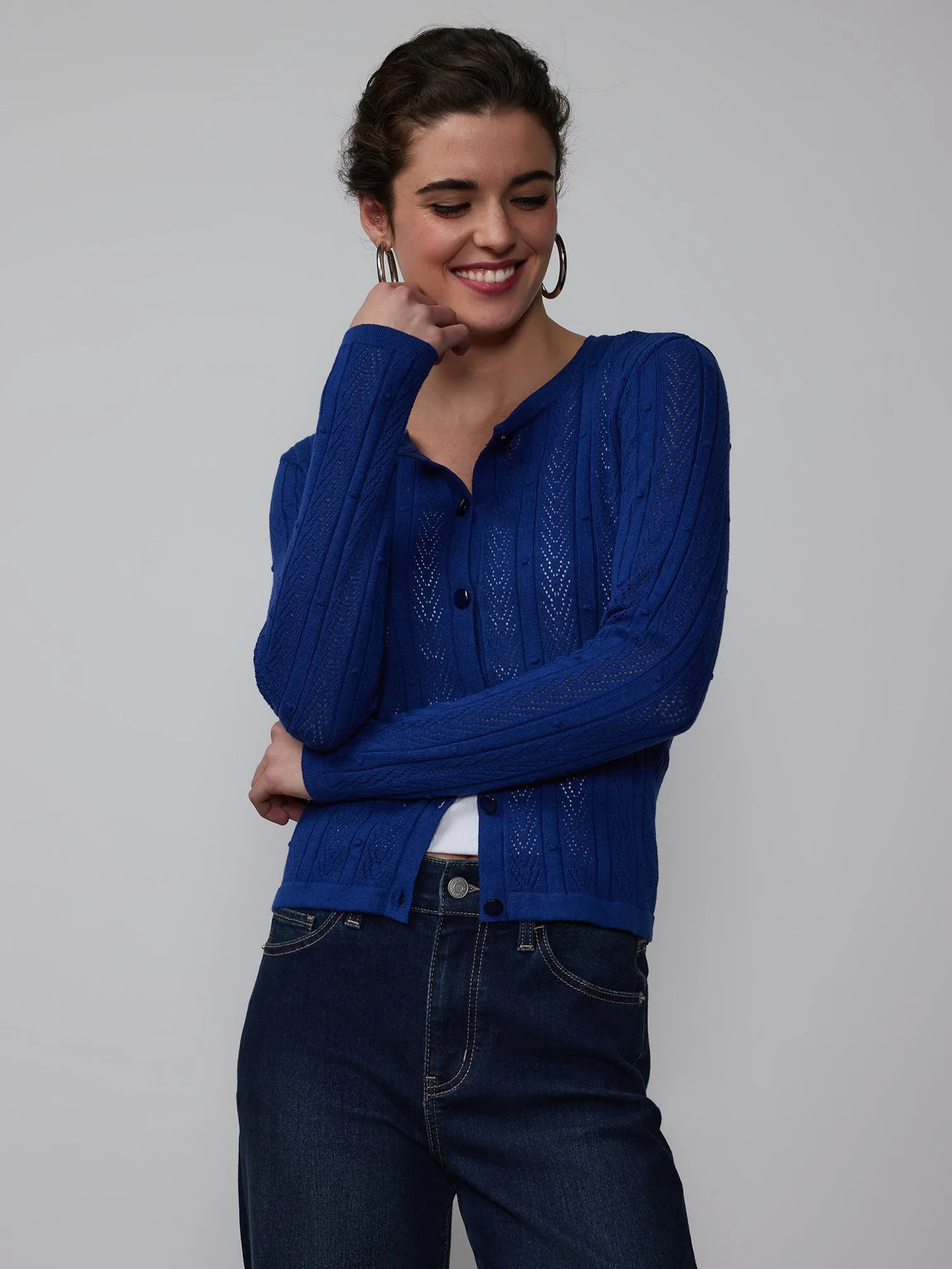 Crew Neck Bobble Stitch Cardigan