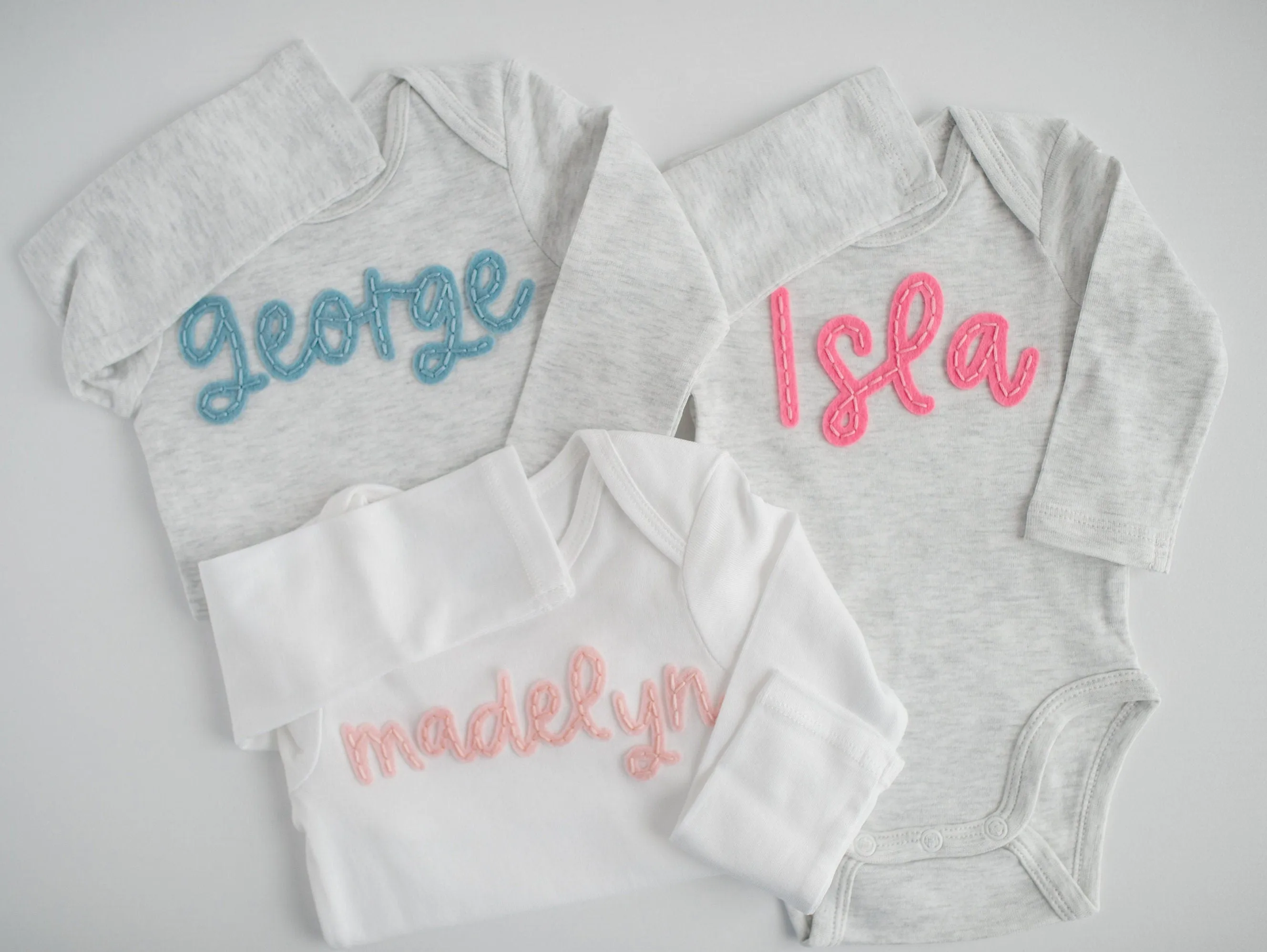 Custom Hand-Embroidered Long-Sleeve Bodysuit | Felt Name Baby Bodysuit, Hand Stitched Baby Bodysuit, Custom Newborn Bodysuit