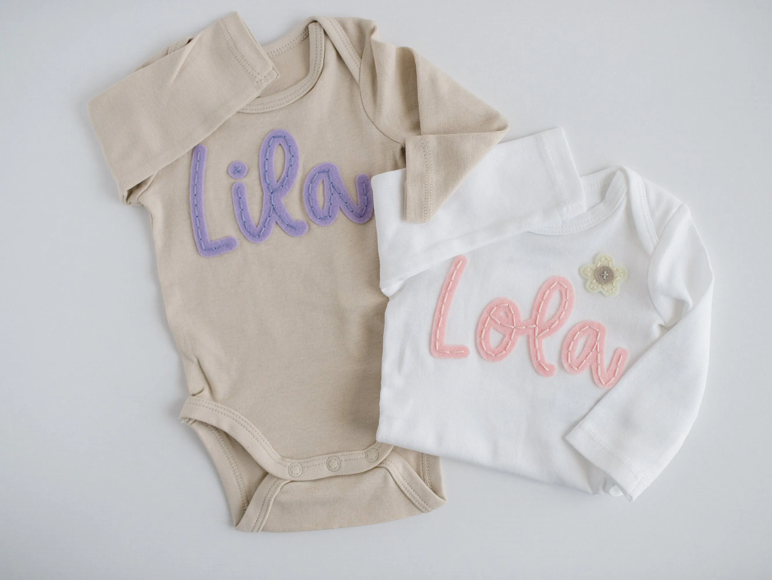 Custom Hand-Embroidered Long-Sleeve Bodysuit | Felt Name Baby Bodysuit, Hand Stitched Baby Bodysuit, Custom Newborn Bodysuit