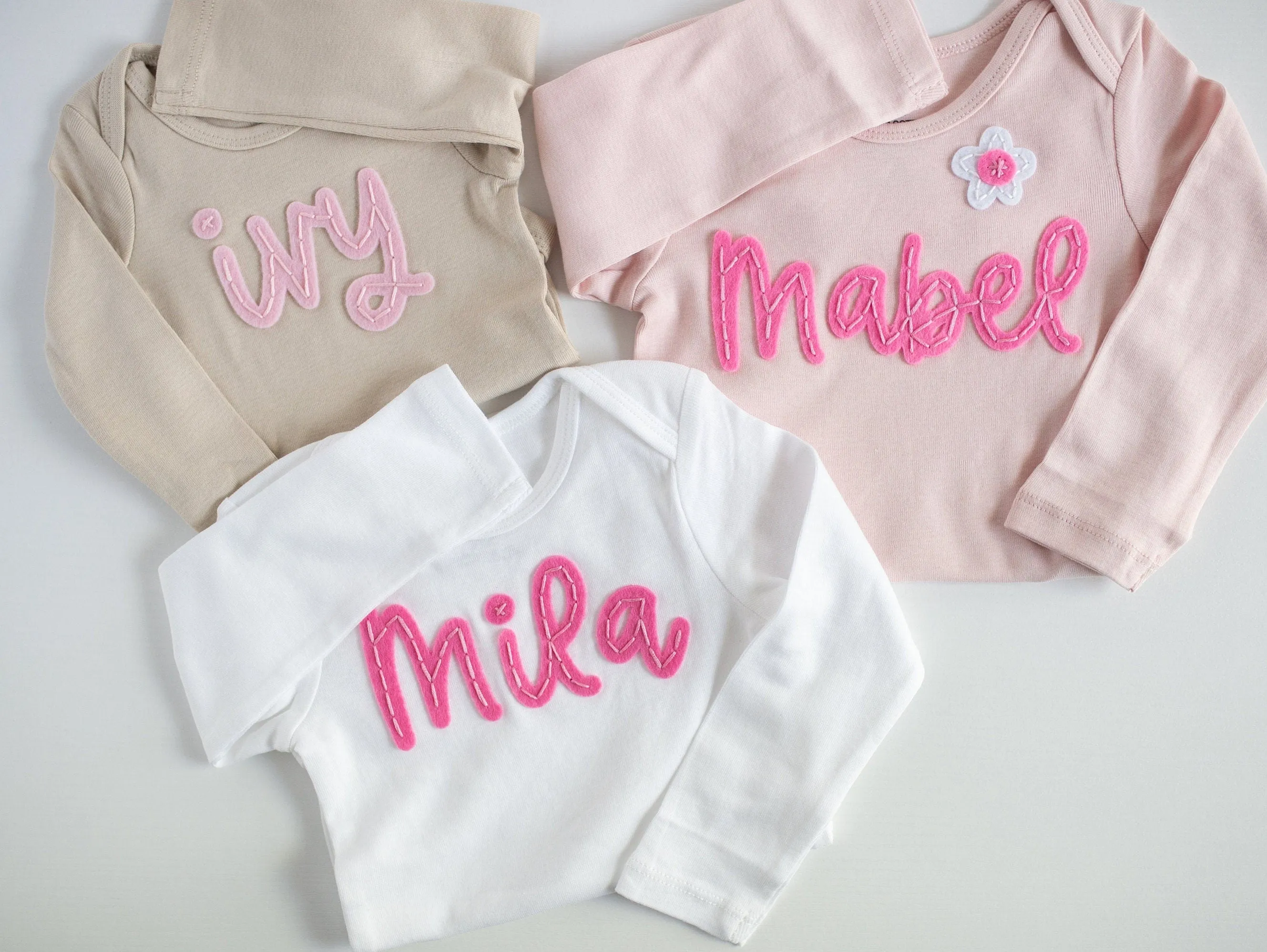 Custom Hand-Embroidered Long-Sleeve Bodysuit | Felt Name Baby Bodysuit, Hand Stitched Baby Bodysuit, Custom Newborn Bodysuit