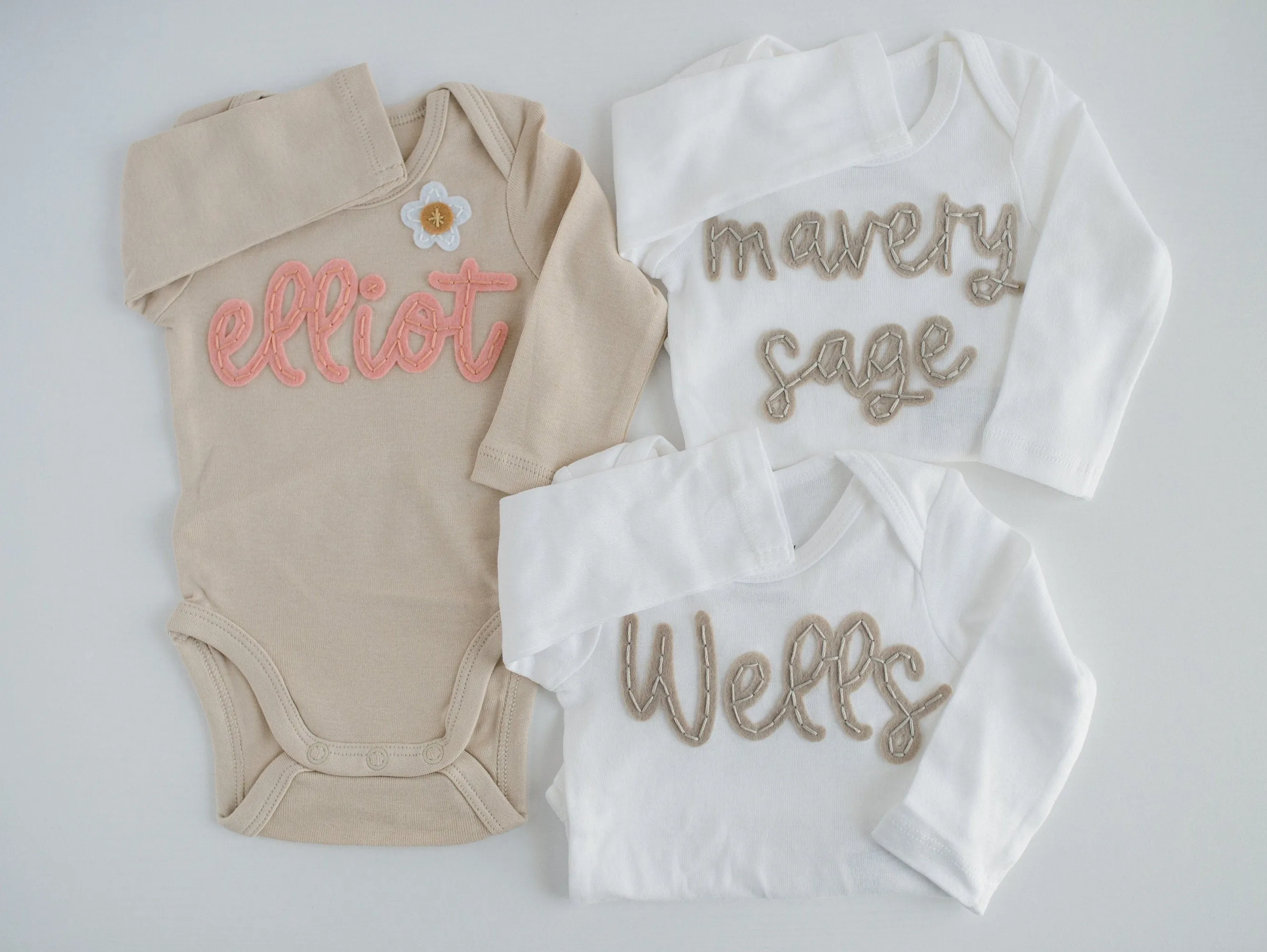 Custom Hand-Embroidered Long-Sleeve Bodysuit | Felt Name Baby Bodysuit, Hand Stitched Baby Bodysuit, Custom Newborn Bodysuit