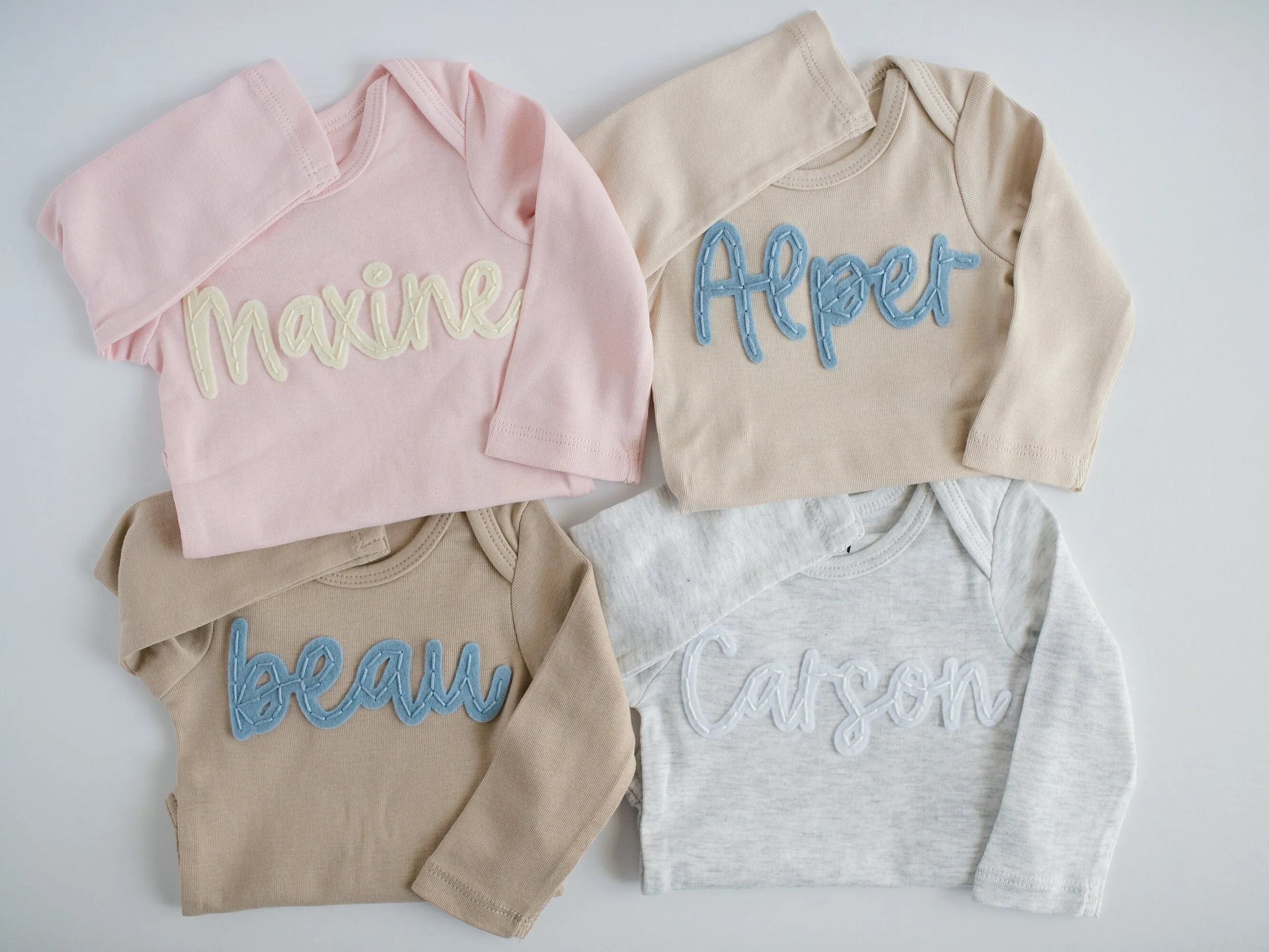 Custom Hand-Embroidered Long-Sleeve Bodysuit | Felt Name Baby Bodysuit, Hand Stitched Baby Bodysuit, Custom Newborn Bodysuit
