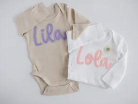 Custom Hand-Embroidered Long-Sleeve Bodysuit | Felt Name Baby Bodysuit, Hand Stitched Baby Bodysuit, Custom Newborn Bodysuit