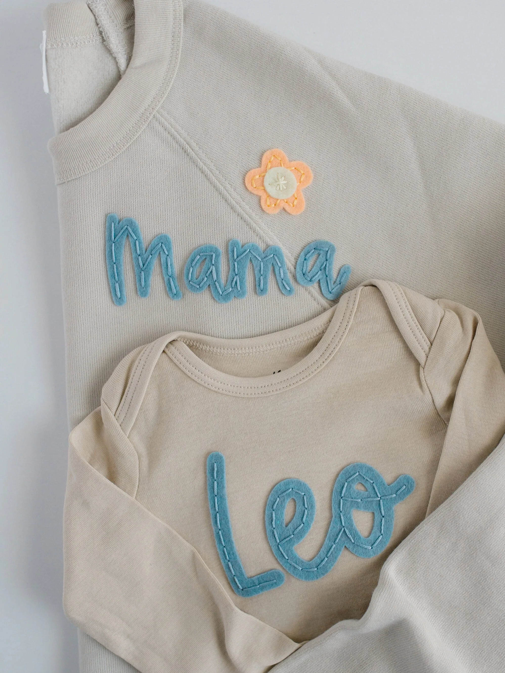 Custom Hand-Embroidered Long-Sleeve Bodysuit | Felt Name Baby Bodysuit, Hand Stitched Baby Bodysuit, Custom Newborn Bodysuit
