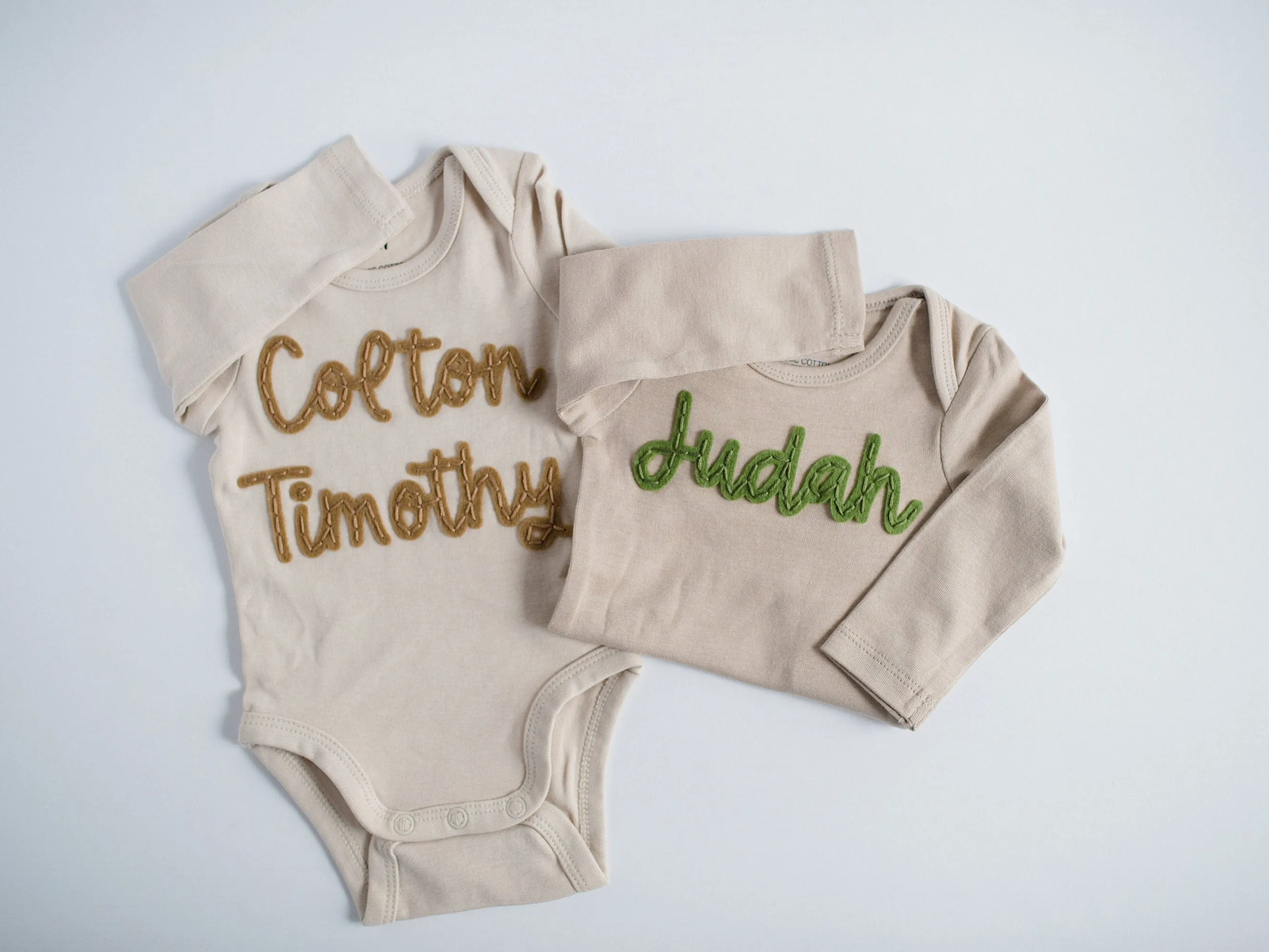Custom Hand-Embroidered Long-Sleeve Bodysuit | Felt Name Baby Bodysuit, Hand Stitched Baby Bodysuit, Custom Newborn Bodysuit