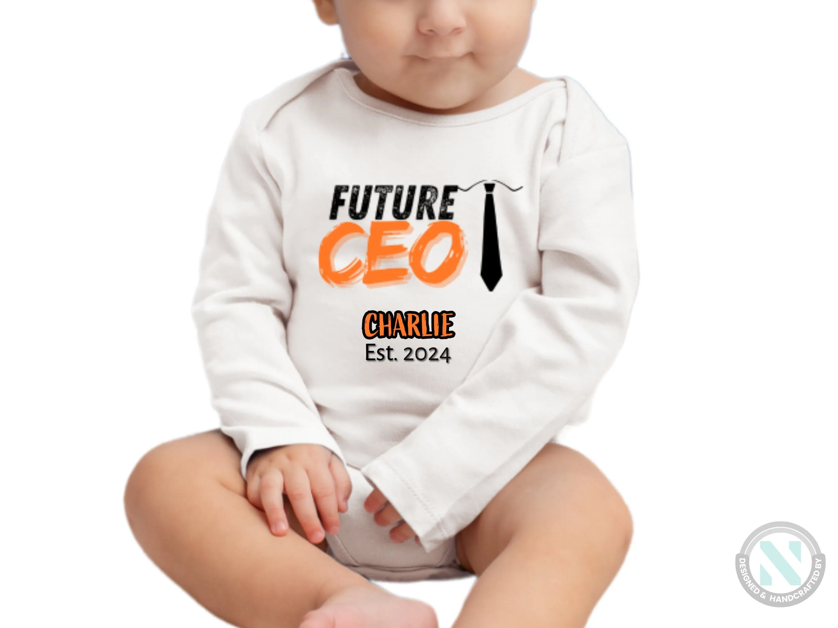 Custom Name And Date Baby Bodysuit Gift for Boys with text "Future CEO"