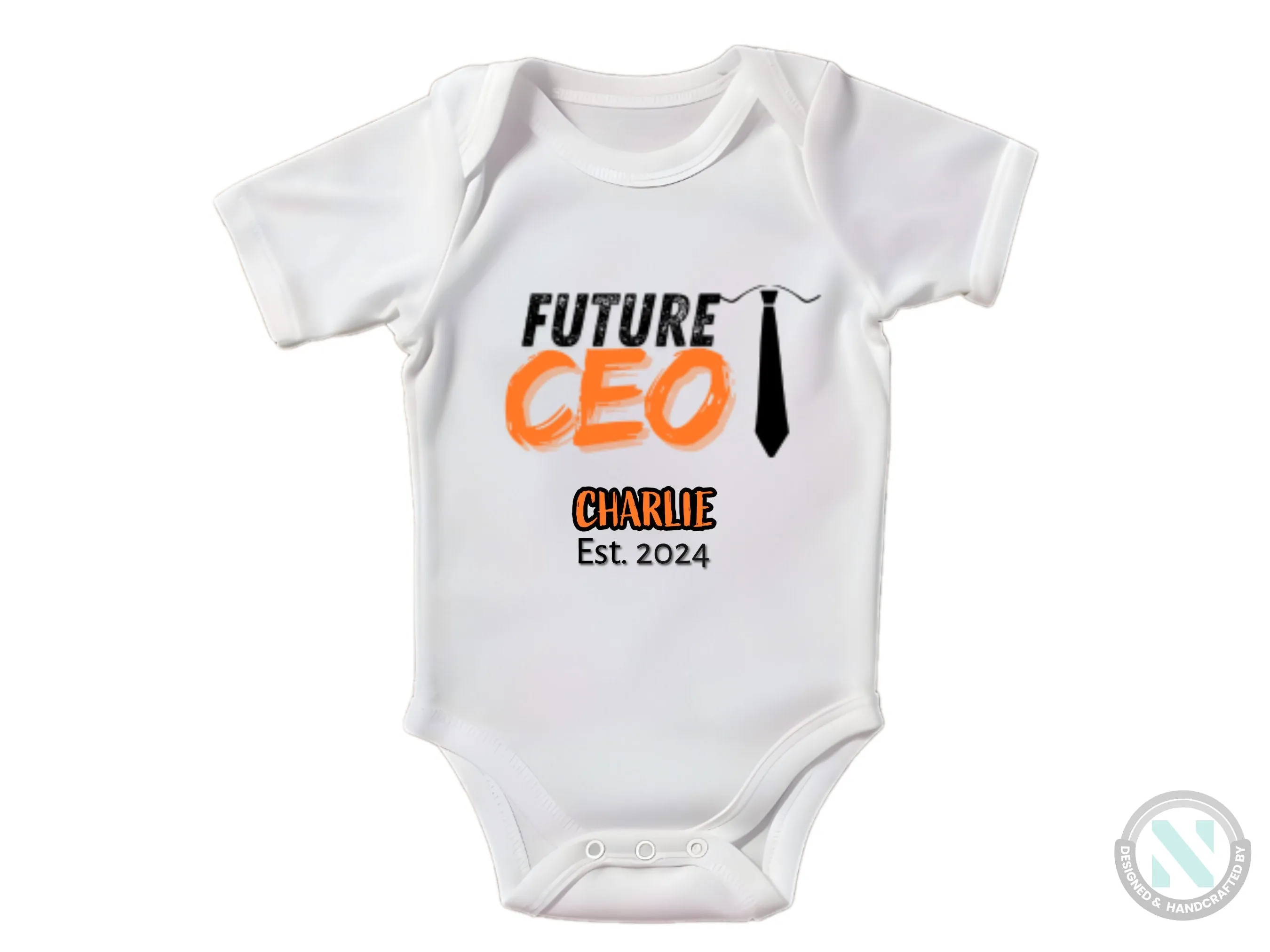 Custom Name And Date Baby Bodysuit Gift for Boys with text "Future CEO"