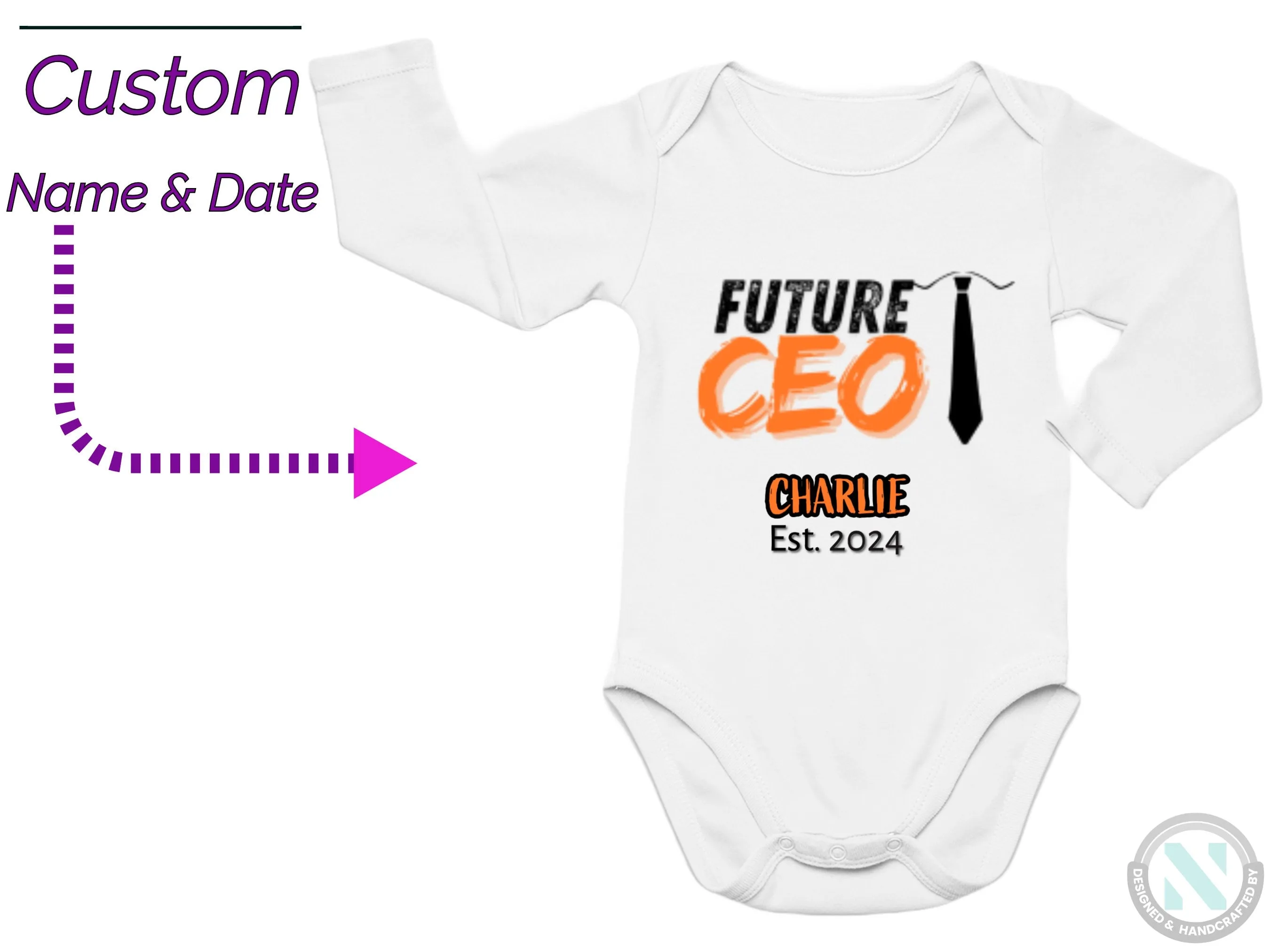 Custom Name And Date Baby Bodysuit Gift for Boys with text "Future CEO"