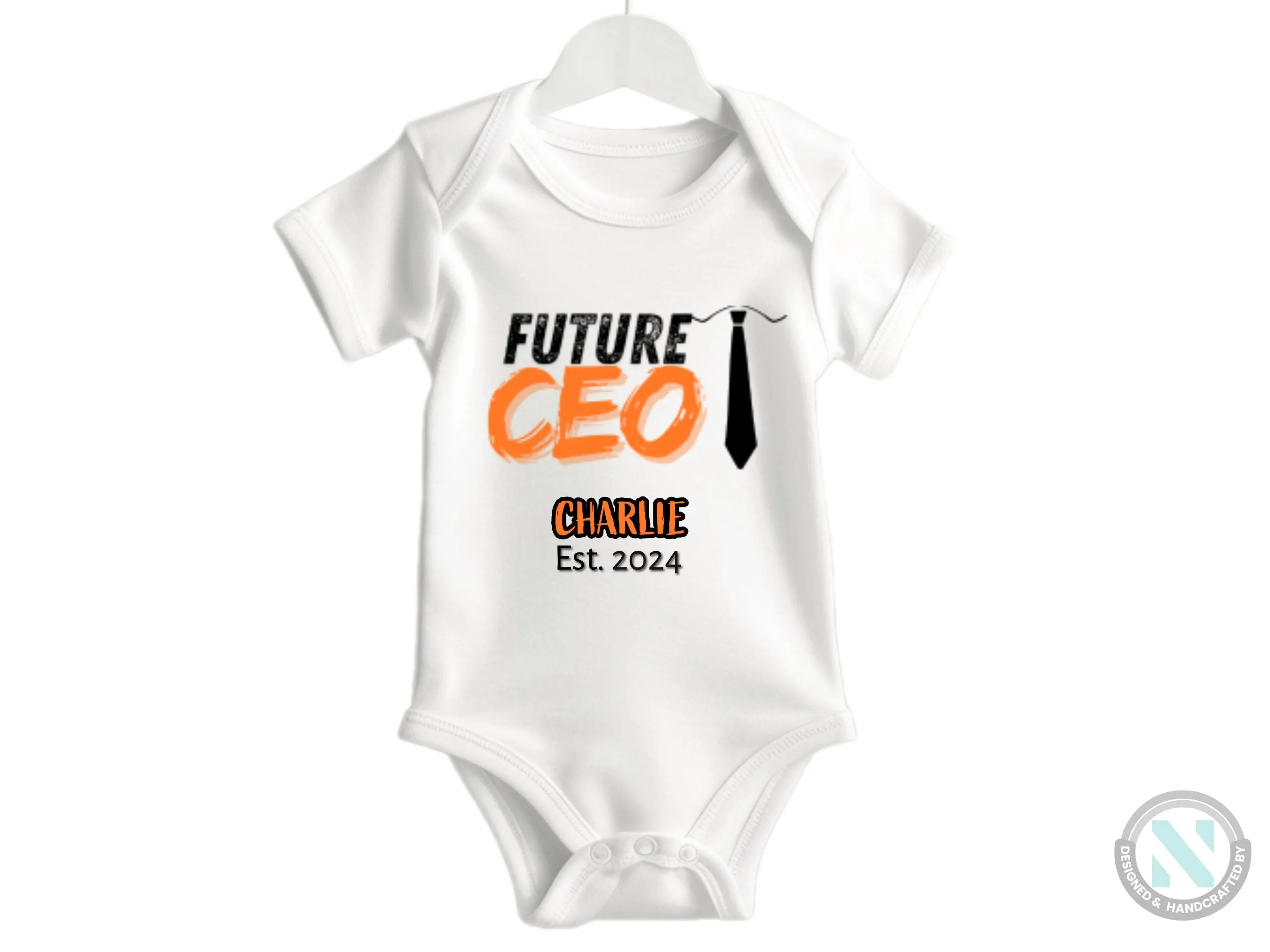 Custom Name And Date Baby Bodysuit Gift for Boys with text "Future CEO"