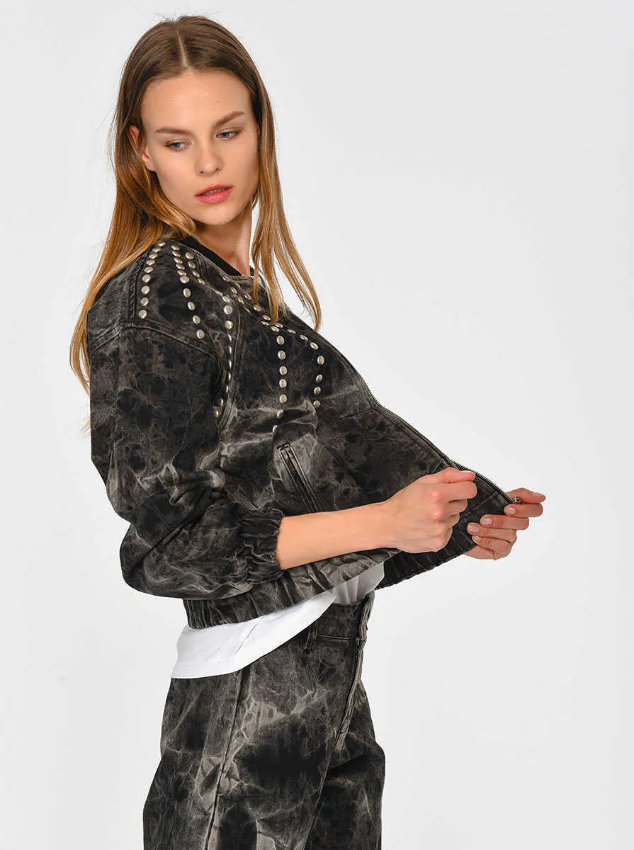 Denim Bomber Women Jacket with Metal Detail Black