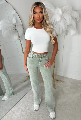 Denim Design Green Stretch Wide Leg Washed Jeans