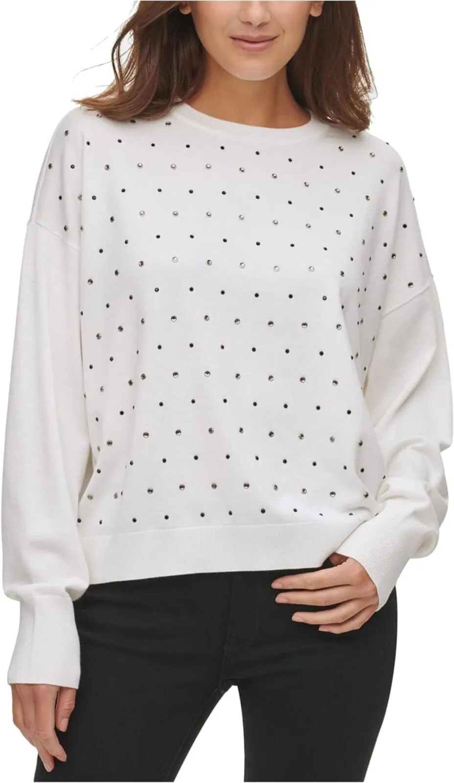DKNY Womens Embellished Pullover Sweater Pullover White L