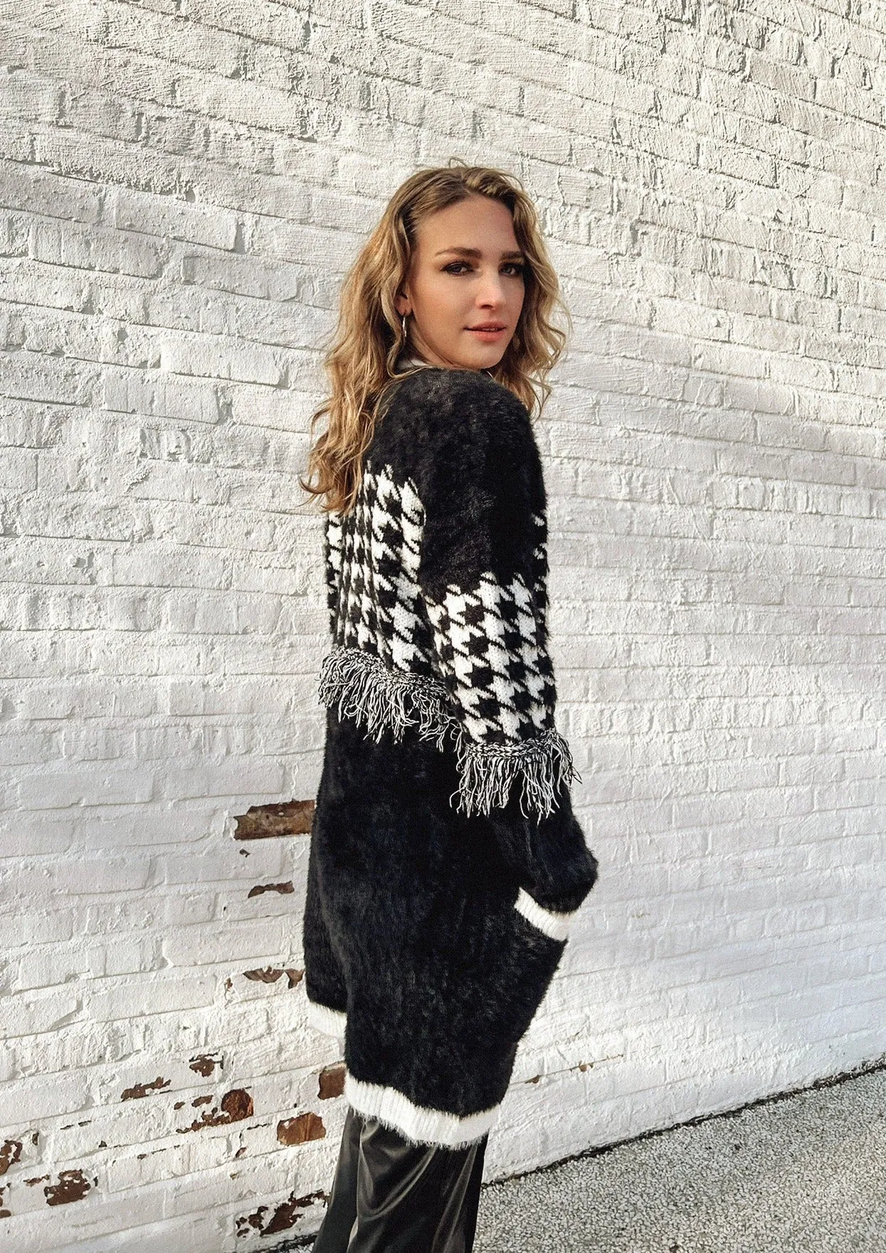 Dominique Black Houndstooth Cardigan